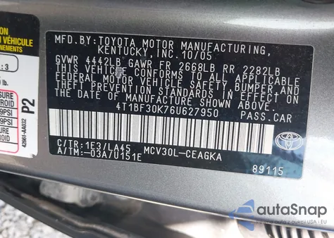 2006 Toyota Camry Le V6/Xle V6 из США, поврежденный, VIN 4T1BF30K76U627950